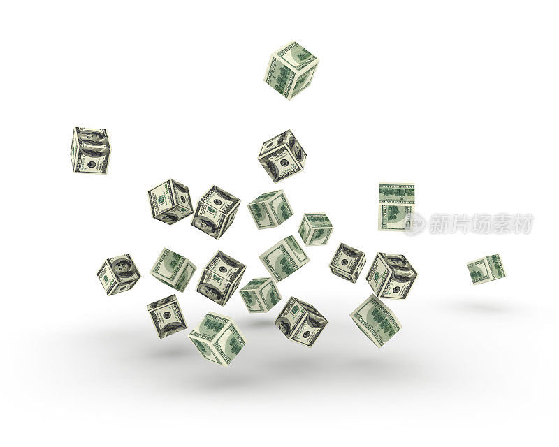 下落立方体的一百美元钞票- 3D渲染